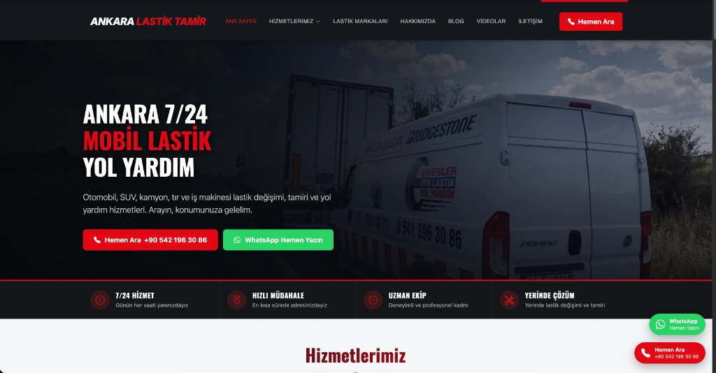 Ankara Lastik Tamir 7/24 Mobil Yol Yardım web sitesi ana sayfası